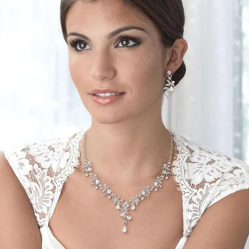 Vista 3 de BriLove Juego de joyas de boda para mujer, novia, collar en Y, juego de aretes colgantes de cristal, lágrima, hojas, flores, joyería para dama
