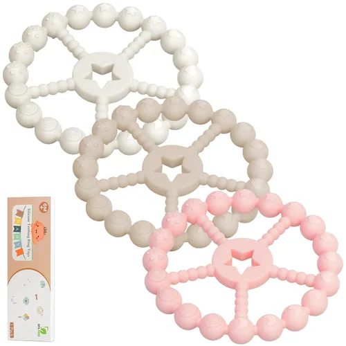 Vista 8 de Juguetes de dentición para bebés de 0 a 6 meses, paquete de 3 juguetes mordedores con anillo, esenciales para bebés recién nacidos, juguetes