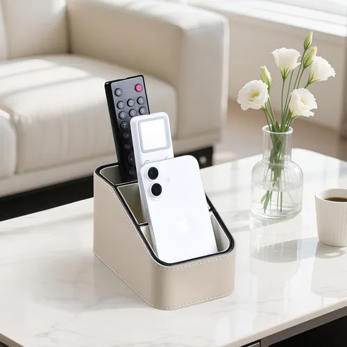 Vista 6 de Soporte para control remoto de piel sintética, organizador de escritorio pequeño, suministros de oficina, mesita de noche para mesa auxiliar, Beige