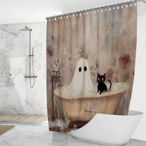 Vista 2 de Mocsicka Cortina de ducha de Halloween, diseño de gato fantasma, cortina de ducha para baño, academia oscura, bañera, juego de decoración de baño