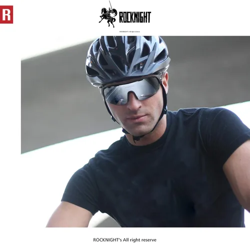 Vista 2 de ROCKNIGHT Gafas de sol deportivas de ciclismo para hombre, polarizadas, protección UV, plateadas, espejadas, para exteriores, cabeza media, ligeras