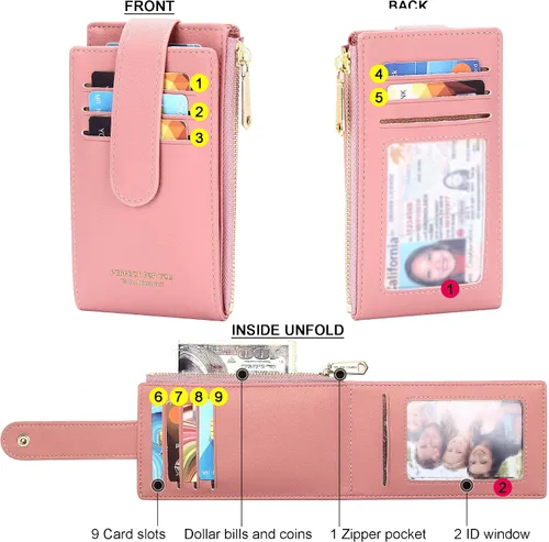 Vista 5 de OIDERY Cartera con tarjetero RFID para mujer, delgada, plegable, con cremallera, organizador de tarjetas, carteras con caja de regalo, Rosado
