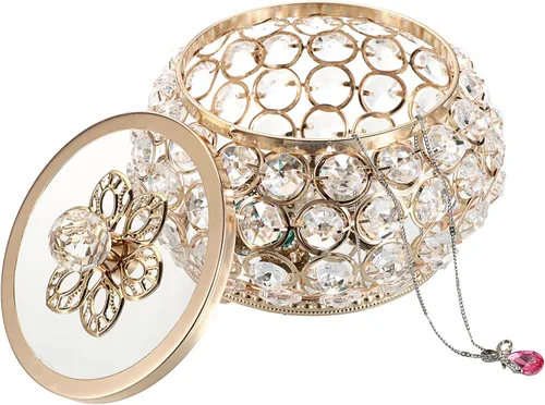 Vista 9 de Hipiwe Joyero de cristal con tapa de cristal caja del tesoro con espejo dorado caja de joyería decorativa anillos aretes collar caja de recuerdo
