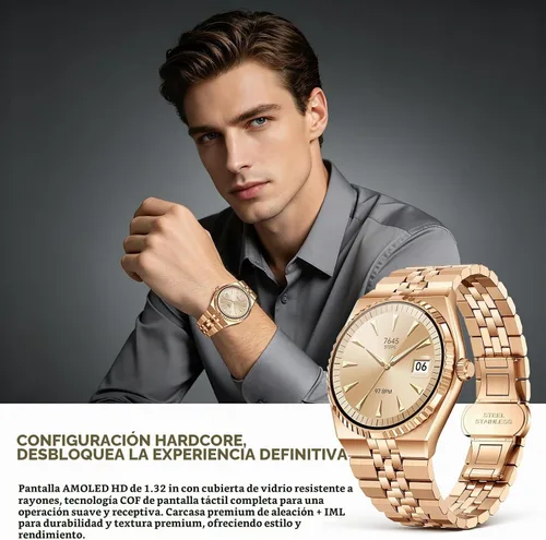 Vista 2 de Reloj inteligente de lujo para negocios, pantalla AMOLED HD de 1.32 pulgadas, llamadas Bluetooth 5.4, correa de acero inoxidable, más de 160 modos