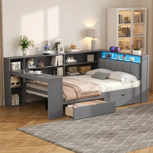 Vista 22 de VilroCaz Cama de sofá de tamaño individual de madera con estantes de almacenamiento y escritorio de estudio, estructura de cama de día Blanco