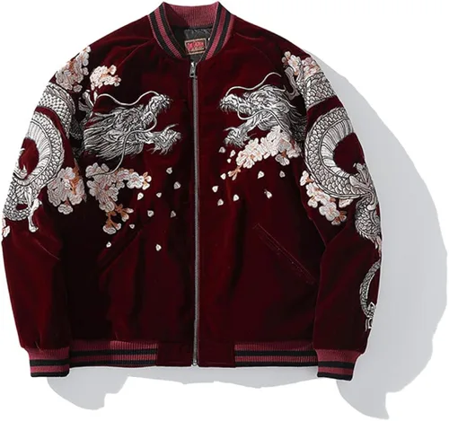 Vista 2 de Chaqueta de béisbol para hombre con bordado de dragón Hip Hop
