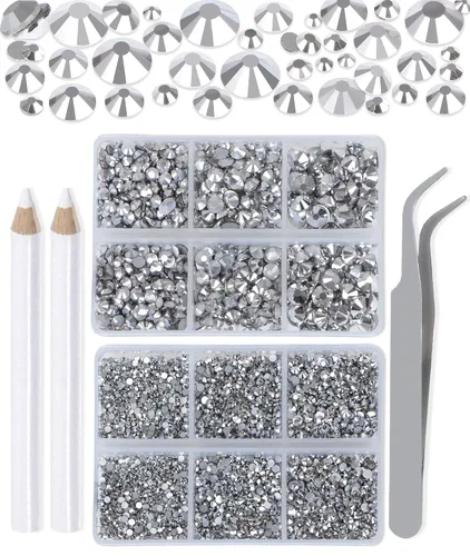 Vista 43 de LPBeads 6000 unidades de diamantes de imitación negros no termofijos, 6 tamaños, cristal redondo, con parte trasera plana, pinzas y bolígrafo