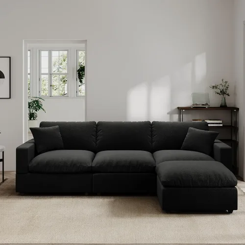 Vista 3 de Sofá seccional moderno de lino en forma de L para sala de estar, sofás modulares con relleno de plumón, fundas de cojín de sofá desmontables, sofá