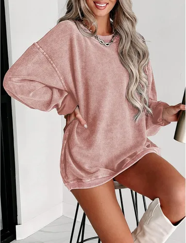 Vista 3 de SELINK Sudadera de pana de gran tamaño con cuello redondo para mujer, manga larga, casual, sin botones