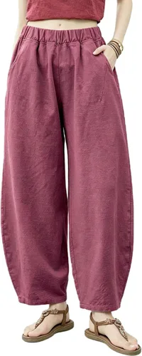 Vista 12 de Pantalones de lino y algodón holgados para mujer, con cintura elástica para relajarse. Pantalones estilo harén Verde militar