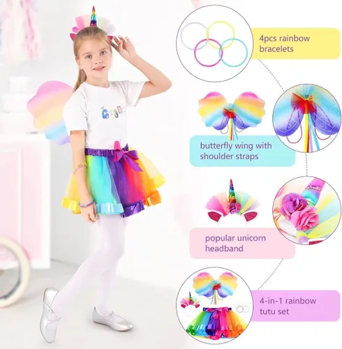 Vista 4 de Cocojeci Faldas de tutú arcoíris en capas con alas y diadema de unicornio para niñas pequeñas
