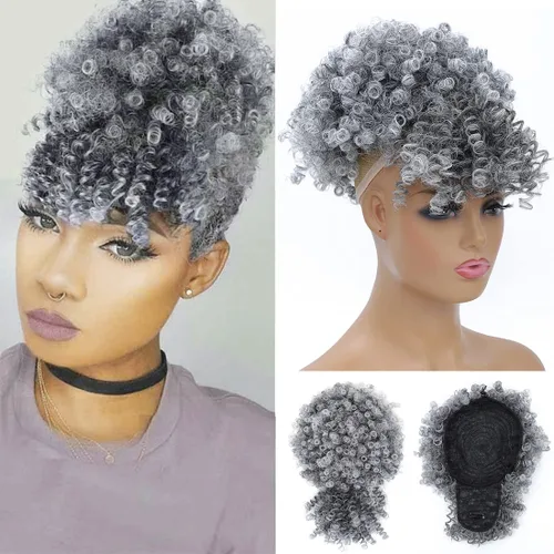Vista 6 de Extensión de cola de caballo afro rizada Fayasu para mujeres negras, con cordón, cola de caballo con cabello rizado y flequillo, extensión