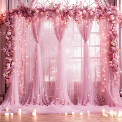 Vista 11 de Cortina de telón de fondo de tul negro de 10 x 10 pies con cadena de luces para fiestas, cortinas de fondo de fotos transparentes para bodas