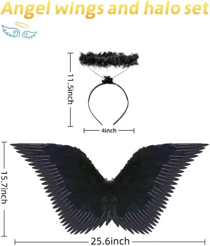 Vista 4 de Alas de ángel y halo para adultos, disfraz de ángel de plumas para mujeres, niños y niñas, accesorios de disfraces de cosplay de Halloween