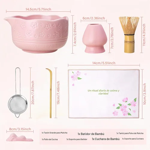 Vista 2 de ALBISS Juego de regalo de batidor de matcha, 7 piezas de cerámica con flor Rosa (Sakura Pink)