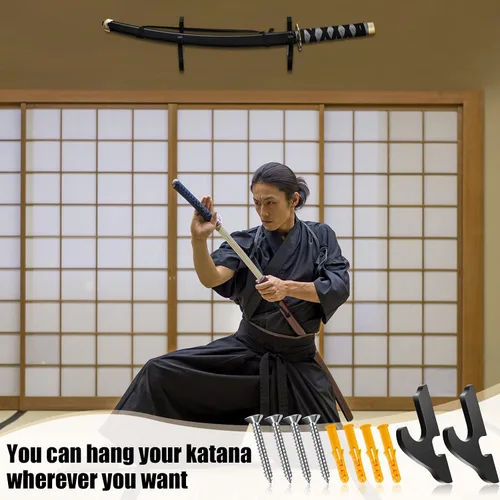 Vista 6 de Yookeer Soporte de pared ajustable para espada, 4 piezas, soporte de madera para armas de artes marciales, soporte para armas samurái, montaje
