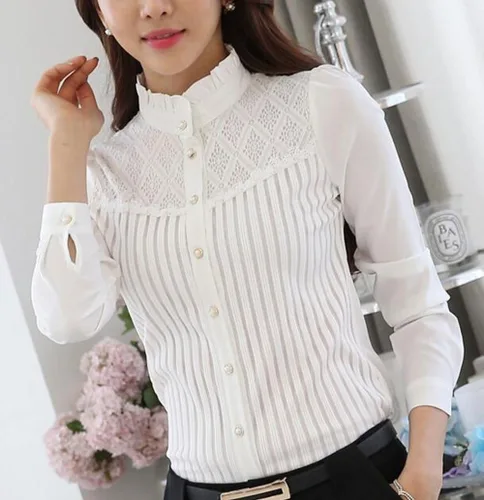 Vista 3 de Blusa estilo vintage con manga larga de encaje elástico con cuello de botón para mujer