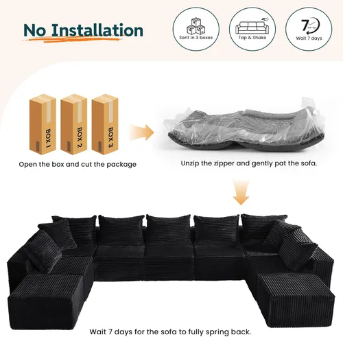 Vista 8 de MODNEST Sofá cama de 9 plazas, sofá modular sin hueso, sofá seccional de nube, sofás seccionales para sala de estar, sofás en forma de U con Negro