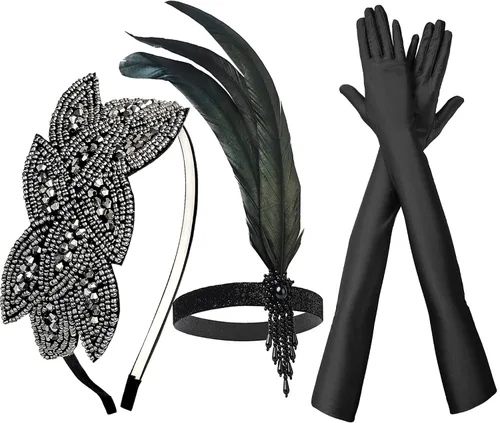 Vista 4 de Juego de accesorios de disfraz de Gatsby, diadema y collar de perlas, guantes de plástico