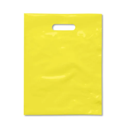 Vista 2 de Bolsa de plástico para mercancía con mango troquelado, tamaño de 9 x 12 pulgadas, bolsa de 2 mil, paquete de 100, colores surtidos Variado