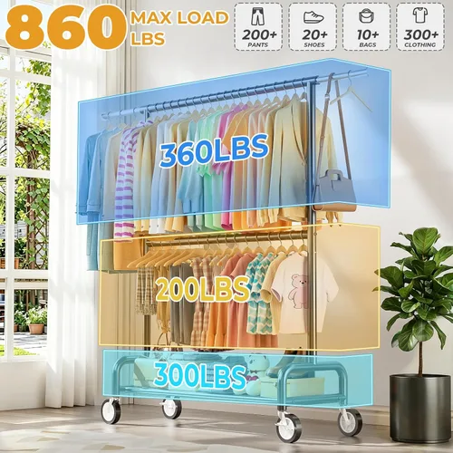 Vista 2 de Perchero de ropa resistente con carga de 860 libras, estantes de ropa rodantes de doble barra para colgar ropa, estante de ropa rodante con estantes