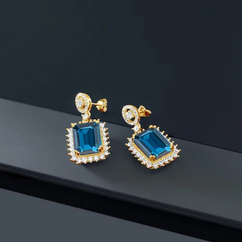 Vista 4 de Gem Stone King Gemstone Birthstone Halo Dangle Earrings For Women 18K Yellow Gold Plated Silver Emerald Cut 14X10MM Fine Jewelry Gifts for Her
