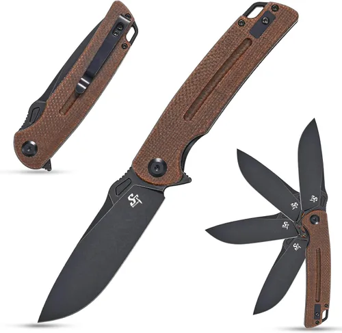 Vista 9 de Sitivien Cuchillo plegable ST137, hoja de satén D2, mango G10, cuchillo de herramienta EDC para senderismo al aire libre, camping, pesca (negro)