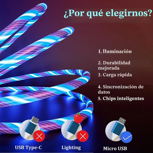 Vista 2 de Cable de carga micro USB, cable de carga brillante con luz LED de 6.6 pies, cable de carga rápida para Samsung Galaxy S7 S6 S5, Note 5, Kindle y Azul