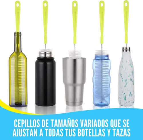 Vista 5 de Juego de cepillos de limpieza de botellas, limpiador de botellas de mango largo para lavar botellas de cerveza de cuello estrecho, botellas de agua