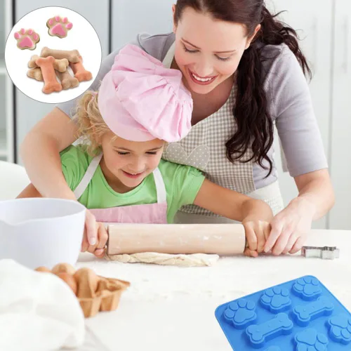 Vista 8 de FineGood - 3 moldes de silicona en forma de pata y hueso 2 en 1, 8 cavidades, bandejas reutilizables para dulces de hielo, galletas de chocolate