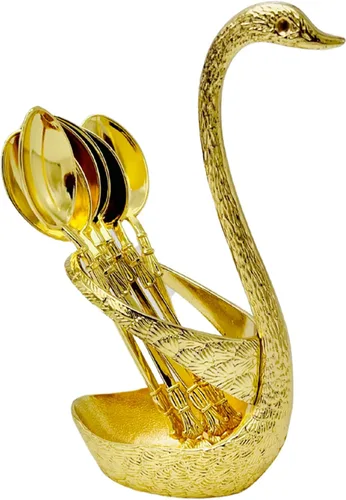 Vista 5 de Swan Spoon Eid - Juego de cubiertos de cuchara pequeña – Cubertería festiva de lujo, decoración moderna con soporte de 7 piezas (dorado)