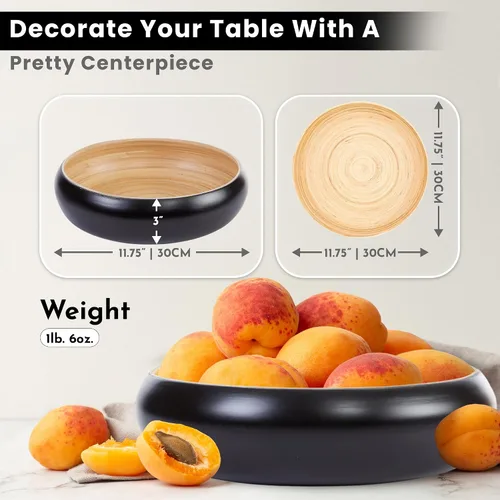 Vista 3 de Cuenco grande de bambú hilado con cargador adicional, frutero decorativo, cesta de frutas de cocina, cuenco de centro de mesa, cuenco de bambú Negro