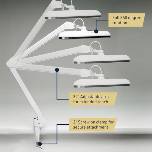 Vista 3 de Kings County Tools Lámpara de escritorio LED con abrazadera, luz de escritorio de arquitecto con brazo oscilante ajustable, doble luz y 16 opciones