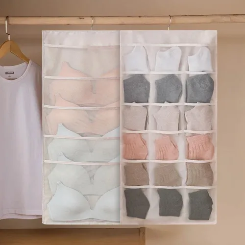 Vista 6 de Organizador de almacenamiento colgante para brasieres y ropa interior, bolsillos de malla, estante de pared de doble cara, armario, bolsa ahorradora