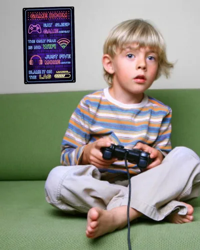 Vista 2 de ALKB Cartel de metal divertido para videojuegos, regalo para niños, decoración de habitación de jugadores, 8 x 12 pulgadas
