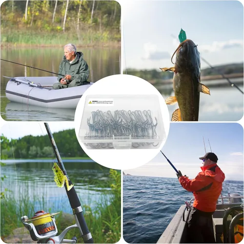 Vista 6 de OROOTL Ganchos de pesca dobles, 50 ganchos clásicos de rana de acero de alto carbono, doble gancho de pesca de púas con vástago abierto para agua