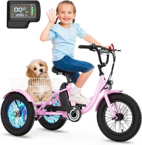 Vista 12 de NAIZEA Bicicleta eléctrica para niños, triciclo de 16 pulgadas para niños y niñas de 6 a 12 años, bicicleta eléctrica para niños de 250 W, bicicleta