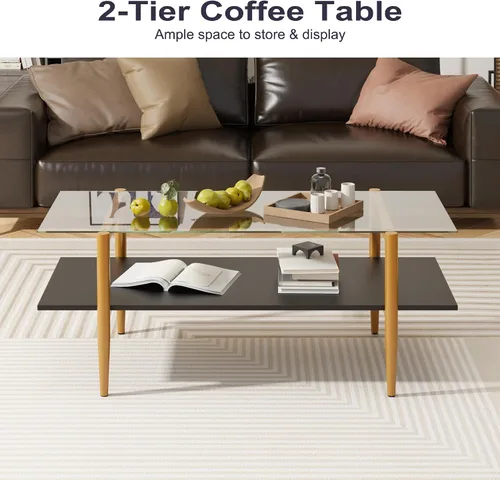 Vista 3 de Furnify Mesa de centro de cristal, mesa central rectangular para sala de estar con patas doradas, mesas decorativas modernas de mediados de siglo