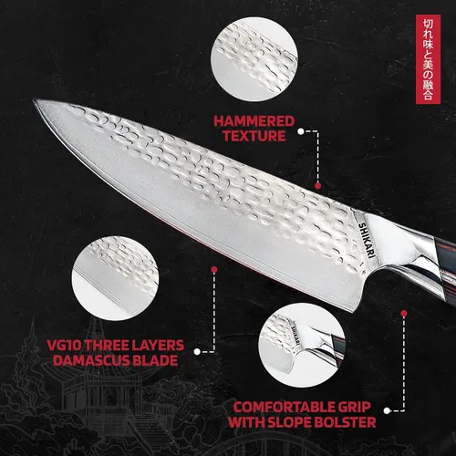 Vista 4 de SHIKARI Cuchillo de chef – Cuchillo japonés de 8 pulgadas con espiga completa VG-10 de acero de Damasco – Cuchillo de chef profesional con mango