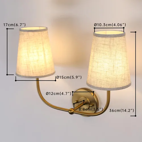 Vista 2 de Apliques de pared de 2 luces con embudo de tela de lino, lámparas de pared de doble luz para dormitorio, sala de estar, tocador, baño, pasillo