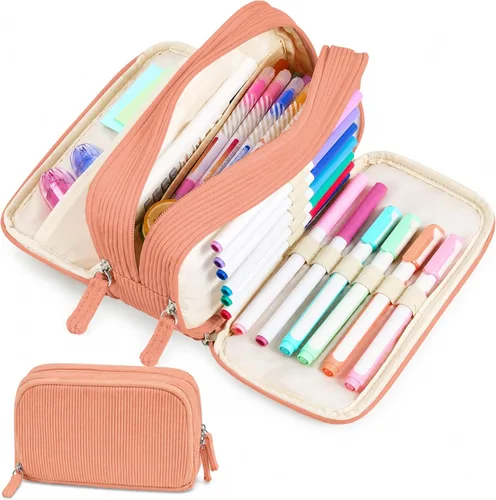 Vista 7 de Sooez Estuche de Lápices de Gran Capacidad con Funda para Bolígrafos, Bolsa de Lápiz de Corduroy Suave con 3 Compartimentos, Múltiples Bolsillos