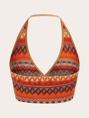 Vista 4 de SOLY HUX Top bohemio Y2K halter con estampado de cheurón sin espalda, top sexy para mujer