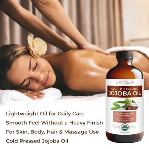 Vista 4 de Velona Aceite de Jojoba USDA Certificado Orgánico - 16 Fl Oz en Botella de Vidrio 100% Puro y Natural Dorado, Sin Refinar, Prensado en Frío