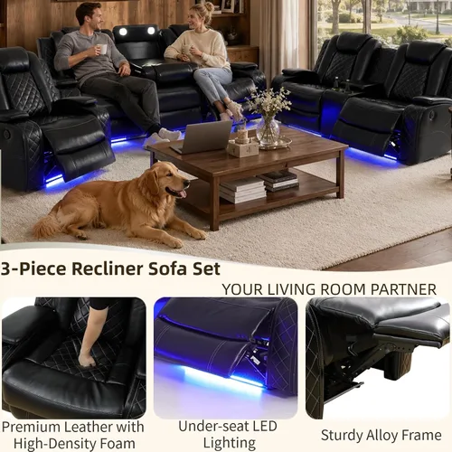 Vista 5 de Pon Living Luxurious Leather Reclining Sofa Set with LED for Living Room