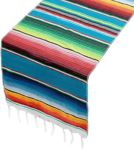 Vista 5 de Camino de mesa mexicano de 14 x 84 pulgadas, decoración de boda para fiesta de fiesta, caminos de mesa de arco iris a rayas Serape Zarape para Cinco