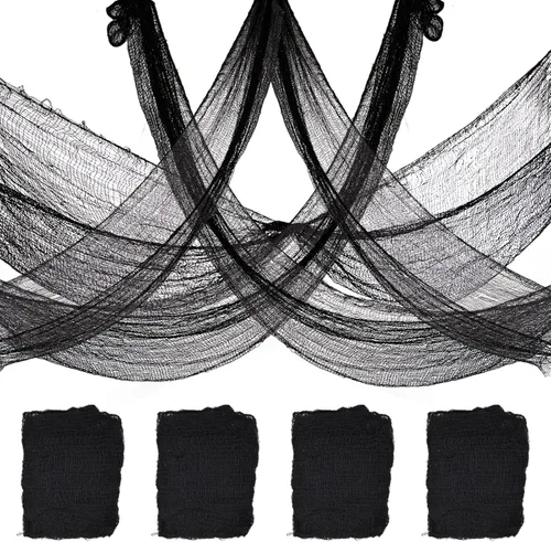 Vista 10 de Paquete de 4 decoraciones de tela espeluznante de Halloween, 30 x 72 pulgadas, paños de gasa de Halloween aterradores, paño espeluznante para casa