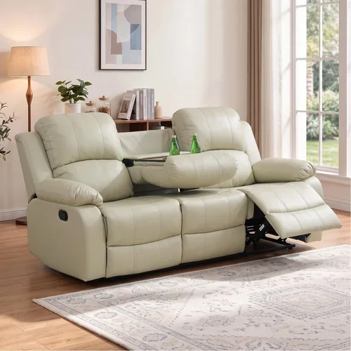 Vista 25 de Silla reclinable de cuero para conjunto de muebles de sala, sofá reclinable de cuero beige para espacios pequeños/RV, sillón individual