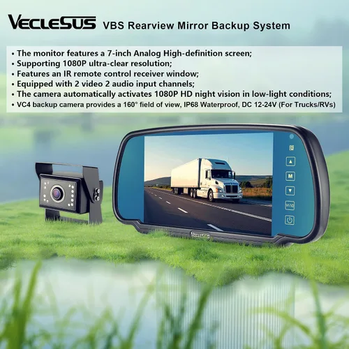 Vista 2 de Sistema de cámara de respaldo para camión, VECLESUS VBS 1080P Sistema de cámara de respaldo con monitor de espejo de 7 pulgadas, visión nocturna HD