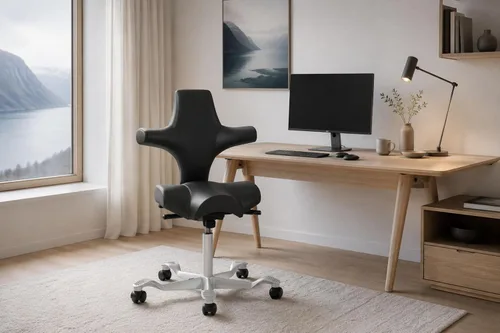 Vista 12 de HAG Capisco Sit to Stand Chair-Blush Rose Frame-Upholstered Black Onyx Vinyl