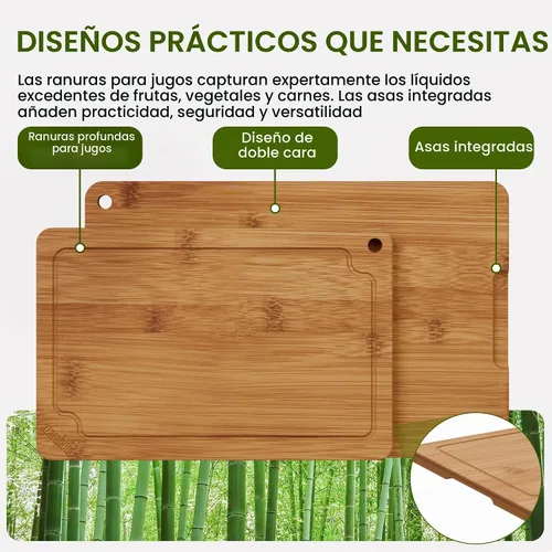 Vista 5 de Tablas de cortar de bambú para cocina, juego de tablas de cortar de madera con ranuras para jugo y asas integradas, tablas de cortar grande, mediana